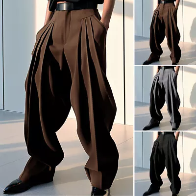 S-5XL Mens High Waist Casual Chino Harem Pants Formal Dress Long Trousers Slacks • $21.84