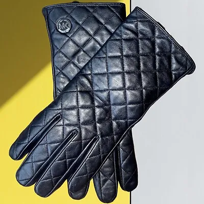 MICHAEL KORS Women’s Black Quilted Leather Gloves W/ Silver MK Logo | XL | BNWOT • $59