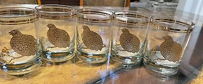 Vintage Lowball Whiskey Drinking Glasses Quail Pheasant  Gold Rim Bird Bar Man • $55