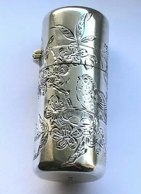 London 1881 SAMPSON MORDAN Solid Silver Scent Bottle - 2 BIRDS W. NEST & PRUNUS • £200