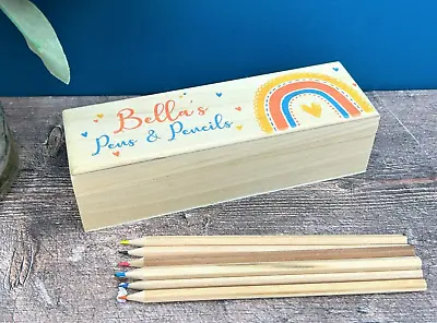 £12.99 • Buy Rainbow Personalised Wooden Box Name On Lid Pencil Case School Stationary Gift