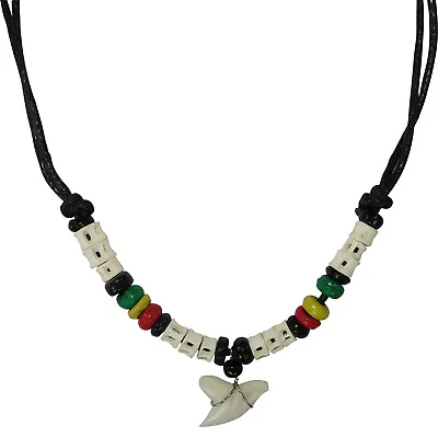 Shark Tooth Pendant Black Cord Chain Rasta Beads Surfer Necklace Mens Jewellery • £4.99