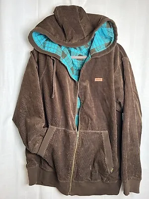 VTG Volcom Big Country Brown Corduroy Teal Plaid Reversible Zip Hood Jacket Rare • $34.95