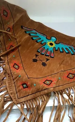 Western Fringe Scarf Triangle Tan Brown Faux Suede Turquoise Thunderbird /Nof • $7.99