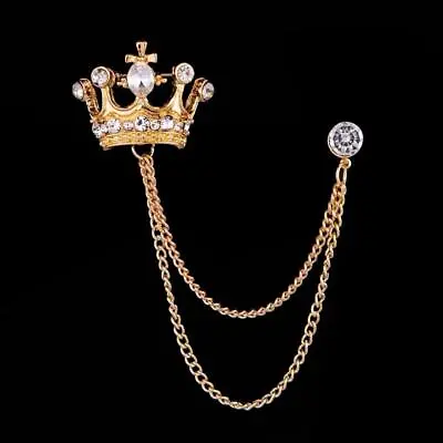 Royal Gold Crown Shirt Wedding Suit Mens Accessory Clip Chain Brooch Lapel Pin • £4.95