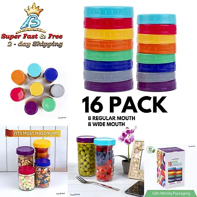 Colored Plastic Mason Jar Lids For Canning Jars Regular Regular & Wide 16 Pack • $25.20