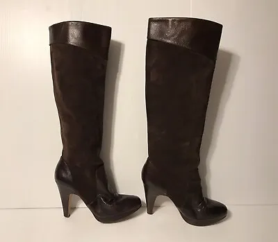 Max Studio Brown Leather High Heel Platform Boots Women Size  7  1/2 M • $45