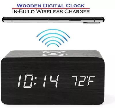New Ooden Digital LED Desk Wood Alarm Clock Thermometer Wireless Charger • $23.99