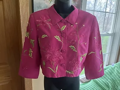 Vtg Maggy London Hot Pink 100% Silk Embroidered Short Cropped Jacket Sz 10 • $7.99