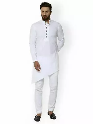 Kurta With Pajama Mens Cotton Long Kurta White Top Tonic Indian Traditional Part • $28.70