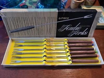 Vintage  Fondue Forks Stainless Steel Wood Handles Original Box Japan 6pc • $20