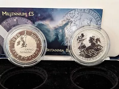 1999 Great Britain 1oz Silver Britannia £2 Coin & Millenium £5 2000 Set • $85.78