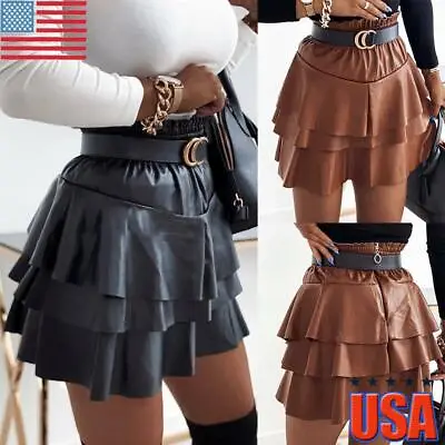 $29.82 • Buy Women's PU Leather Ruffle Mini Skirt Ladies High Waist Wet Look Party Dress US