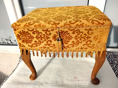 VINTAGE UPHOLSTERED FOOTSTOOL With  STORAGE - SEWING BOX With QUEEN ANNE LEGS • £39