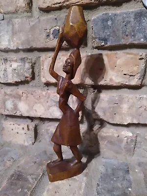 Vintage Hand Carved Wood Woman Carrying Water Jug Africandeur Sculpture • $19
