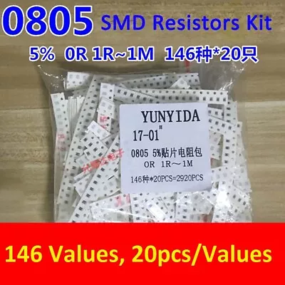 2920pcs 0805 SMD Resistor Assort Kit 0Ω To 1MΩ ±5% 146 Values 20pcs/Values • $11.99