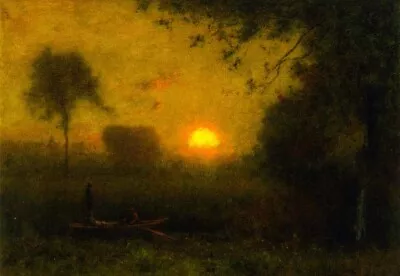 Oil Painting George-Inness-The-Sun Landscape With Canoe People Boating Canvas • $71.24