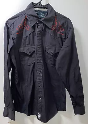 Mens Rock 47 Black Medium Western Embroidered Pearl Snap Long Sleeve Shirt • $21