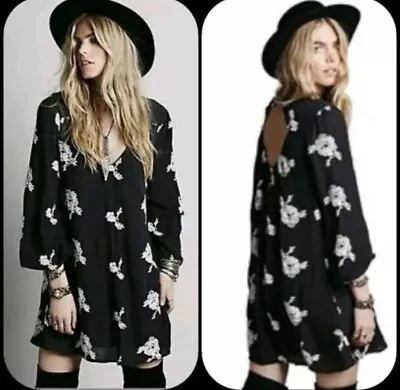 Free People Emma Austin Floral Embroidered Tunic Dress Black Swing Womens Small • $12.99