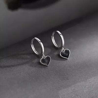 Silver PLATED Black Resin Love Heart Dangle/Drop Hoop Huggie Earrings Girl Gift • £3.98
