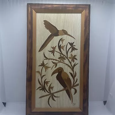 Wood Marquetry Bird Hummingbird Art In Wood Frame Picture Original Art MCM • $29.99