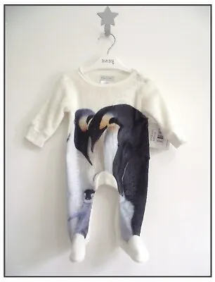 Baby Unisex 0-9 Months White Sleepsuit Boys Girls Penguin Velour Babygrow NEW • £9.99