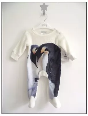 £9.99 • Buy Baby Unisex 0-9 Months White Sleepsuit Boys Girls Penguin Velour Babygrow NEW