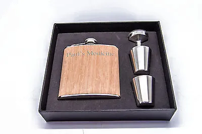 £12.95 • Buy Personalised 6oz Wooden Stainless Steel Hip Flask Set, Any Message Engraved