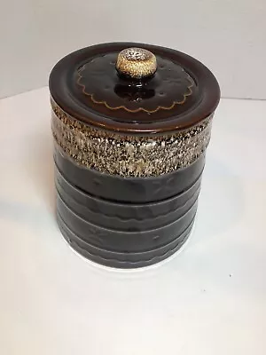 Monmouth/Marcrest Daisy Dot Pottery Cookie Jar Canister Brown Drip Glaze • $24.95