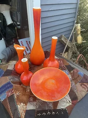 Vintage 60’s HAEGER Art Pottery Modern Design VASEs Orange Glaze MCM • $199.95