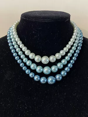 Vintage Multi Strand Blue Faux Pearl Beaded Necklace Japan • $12.50