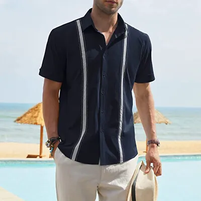 £24.95 • Buy Mens Short Sleeve Button Up Casual Top Cuban Guayabera Dress Shirts Blouse