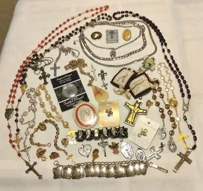 Vintage Religious Jewelry Lot Rosary Pins Chaplet Scapula Necklace • $17.50