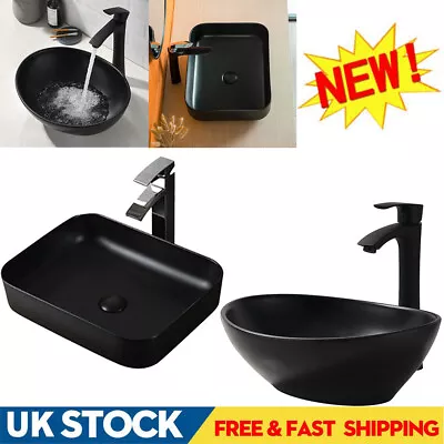 Black Bathroom Ceramic Wash Basin Cloakroom Sink CounterTop Oval Rectangle BLACK • £42.90