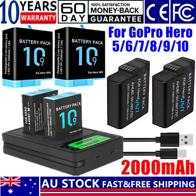 2x 2000mAh For GoPro HERO 10 9 8 7 6 5 Replacement Battery / Dual Charger Kit AU • $43.19