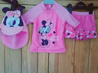 £4.49 • Buy Disney Baby Girl Minnie Mouse Swimming Costume Swimsuit Set Of 3 18-24 Month 