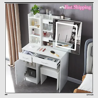 New Vanity Dressing Table W/ Drawers LED Sliding Mirror + Stool Set Makeup Table • £148.75