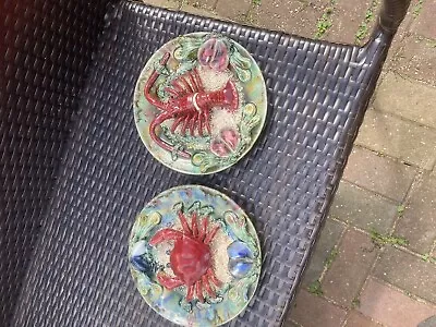 Vintage Majolica Palissy Crab Plate + Lobster Plate With Damage Portuguese  • £40