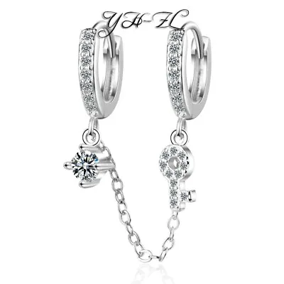 £5.48 • Buy Women's 925 Sterling Silver Double Piercings Chain Tassel Crystal Hoop Earring