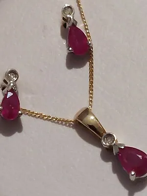 H Samuel 9ct Gold Diamond & Ruby Necklace & Earrings Set. • £295