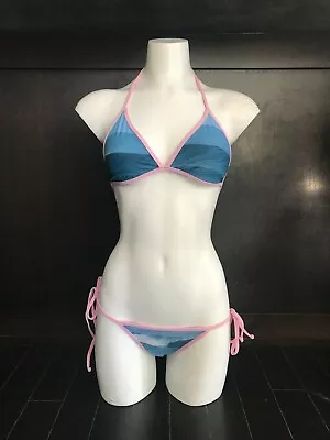 Aaron Chang Stripe Wave Photo Print Reversible Triangle Tie Bikini XS SM M LG • $100