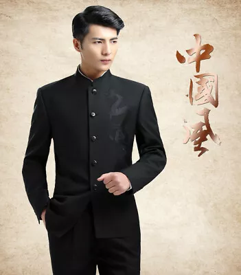 Mens Traditional Mandarin Suit Coat Chinese Banded Collar Single Breasted Jacket • $42.02