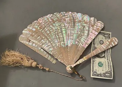 Victorian Handcarved Mother Of Pearl MOP 16 Blades Hand Fan With Tassels AS IS • $300