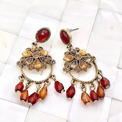 $3.99 • Buy Shades Of Brown Rhinestone Beaded Dangle Earrings The Vintage Strand Lot #9743