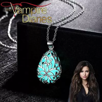  Vampire Diaries Caroline Forbes Silver Luminous Aqua Blue Stone Chain & Pendant • $10.43