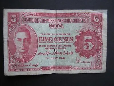 Malaya 1941 WW2 5 Cents Banknote Fair • £3
