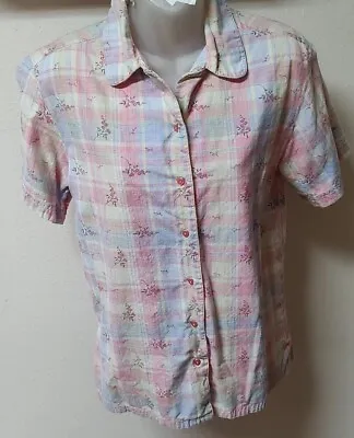 Vtg Bobbie Brooks Pink Blue Plaid Blouse Shirt Heart Buttons Sz S 4/6 Cottage • $14.44