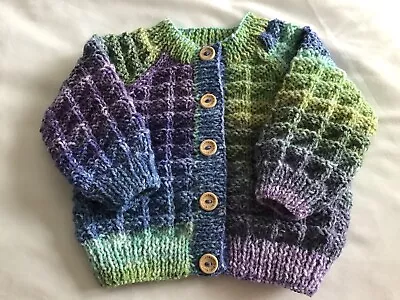 Hand Knitted Baby Girls Cardigan 6 Months Blue Purple Green Multi. • £8
