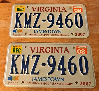 $34.99 • Buy VIRGINIA License Plate Set - JAMESTOWN Anniversary KMZ-9460 VA Matching Pair