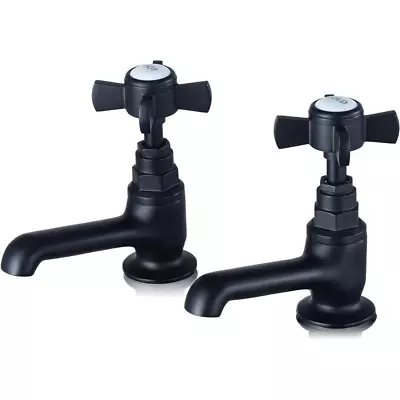 Basin Taps Pair Bathroom Sink Victorian Matte Black Cross Head Handles 2 Taps • £62.69